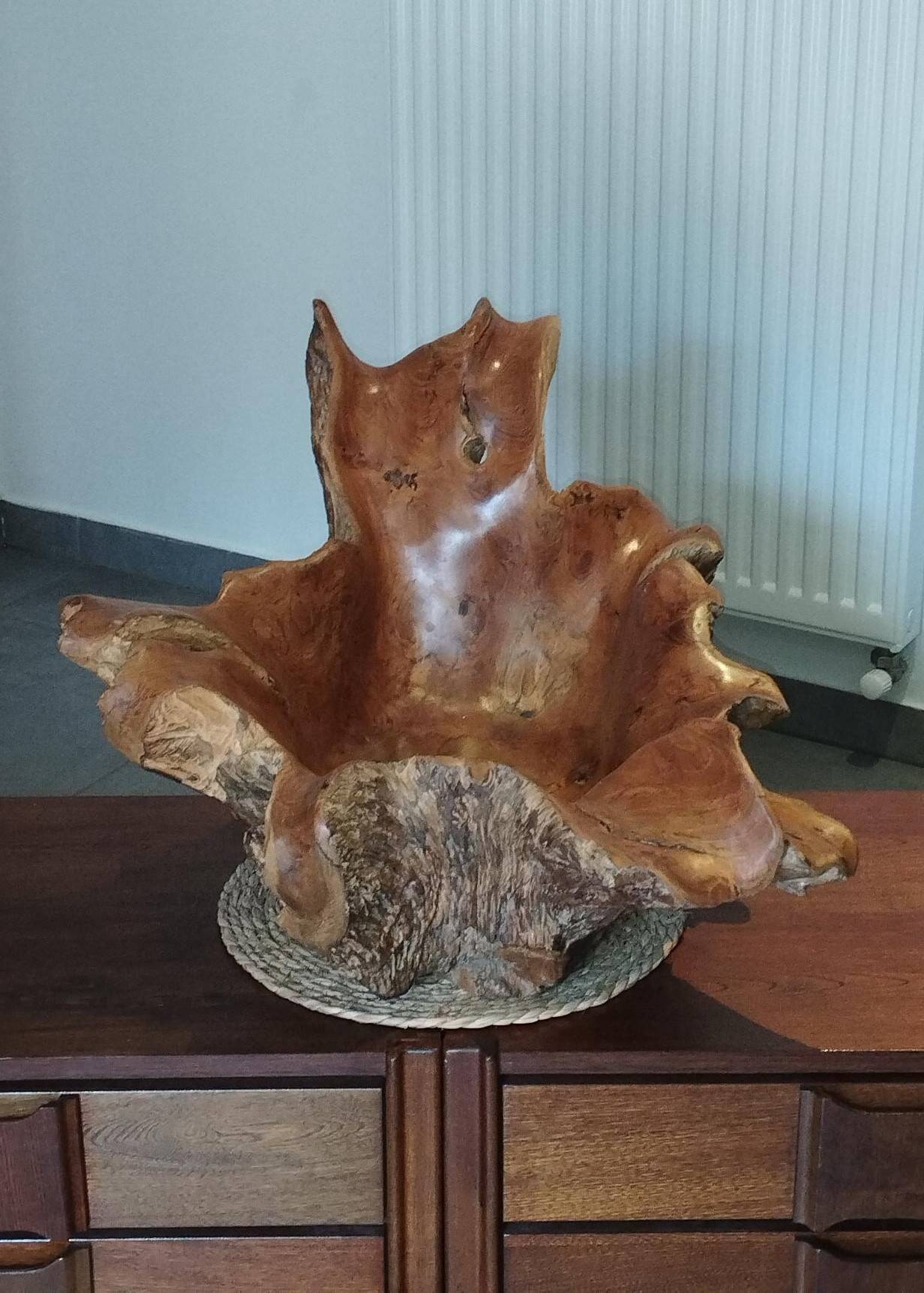 Sculptural wooden centrepiece, organic bowl, brutalist.