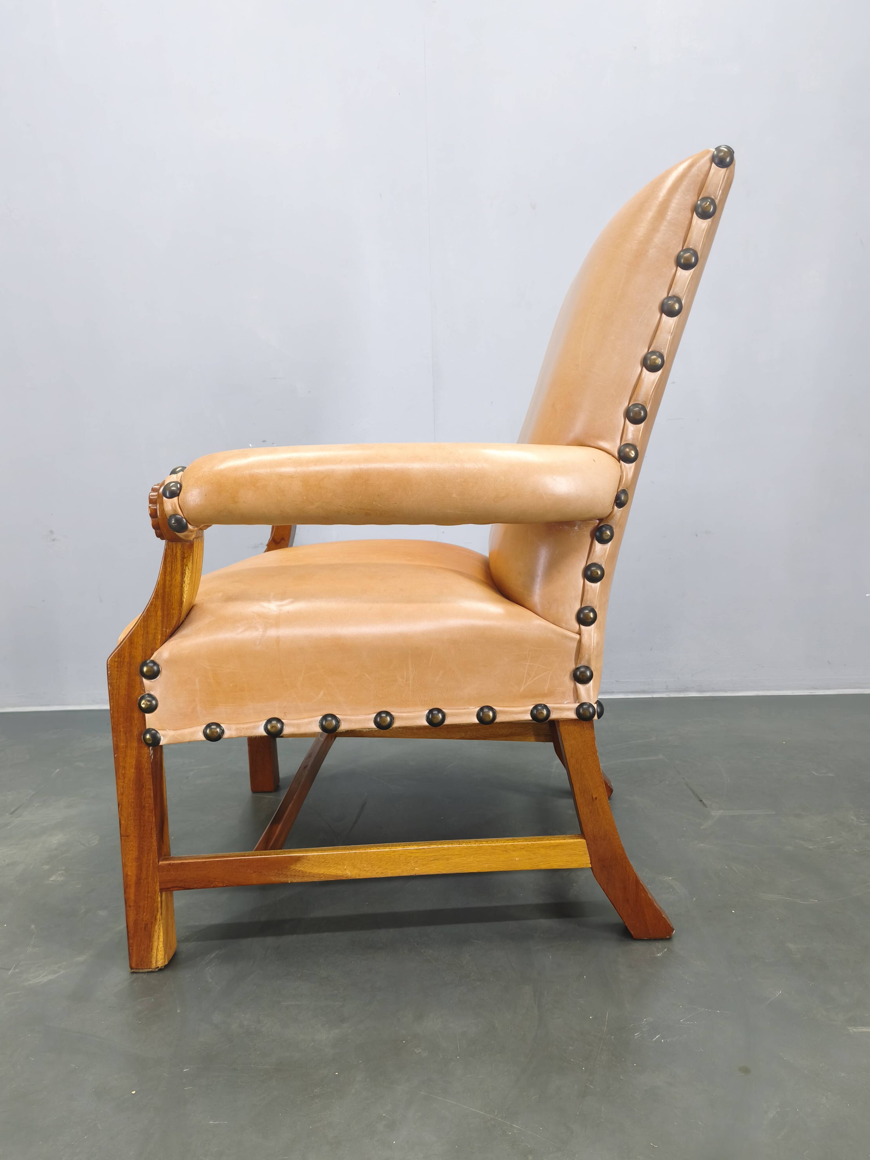 Antique Danish Leather Armchair Carved Wood Club Chair, Early 1900s