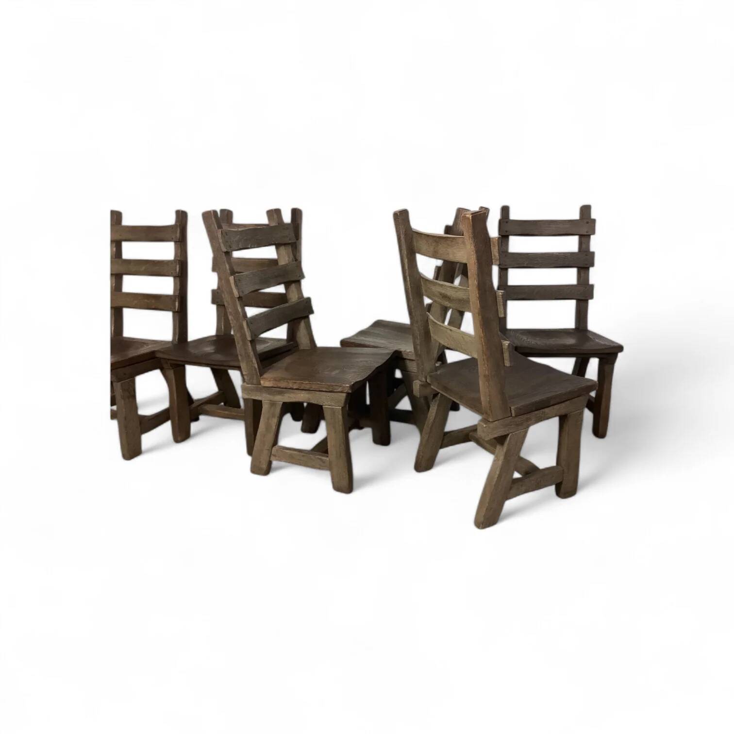 6 x Brutalist oak dining chairs / Belgium 1970s