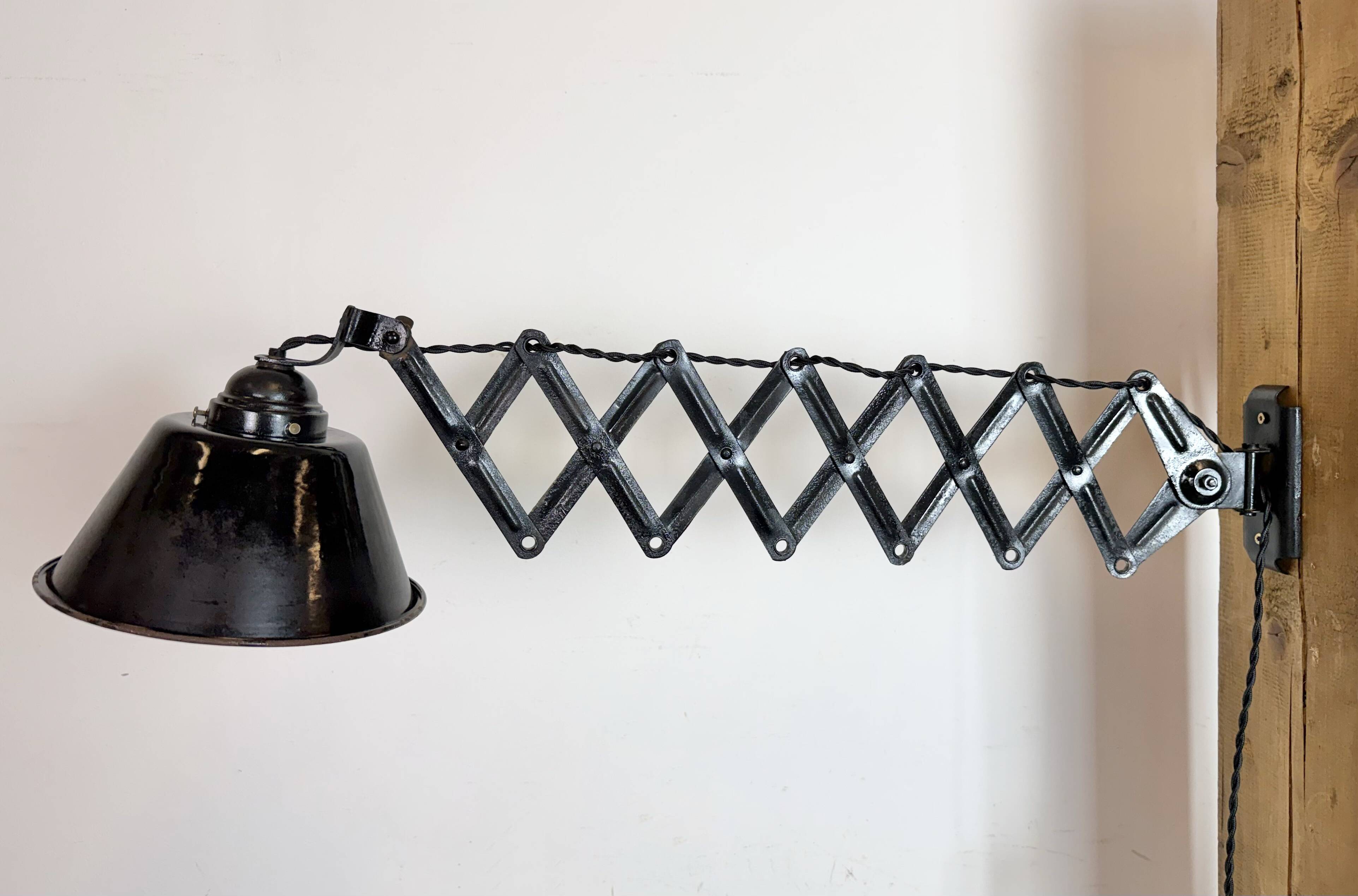 Industrial Black Enamel Scissor Wall Lamp, 1930s