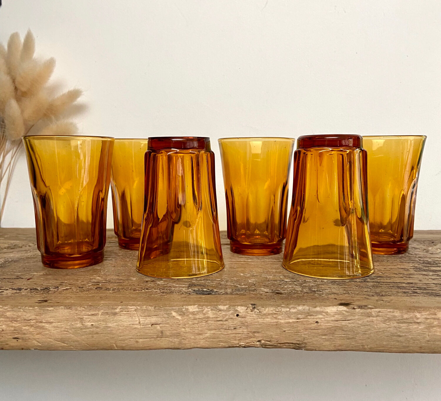 6 vintage amber glasses