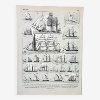 Gravure ancienne 1898, Bateau à voile et navire (2) • Lithographie, Planche originale