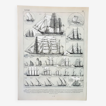 Old engraving 1898, Sailing boat and ship (2) • Lithograph, Original plate