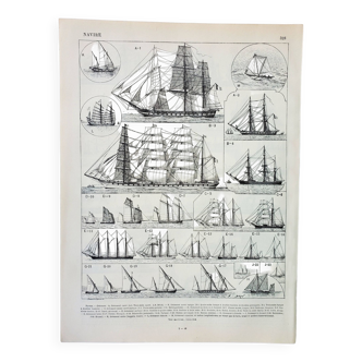 Gravure ancienne 1898, Bateau à voile et navire (2) • Lithographie, Planche originale