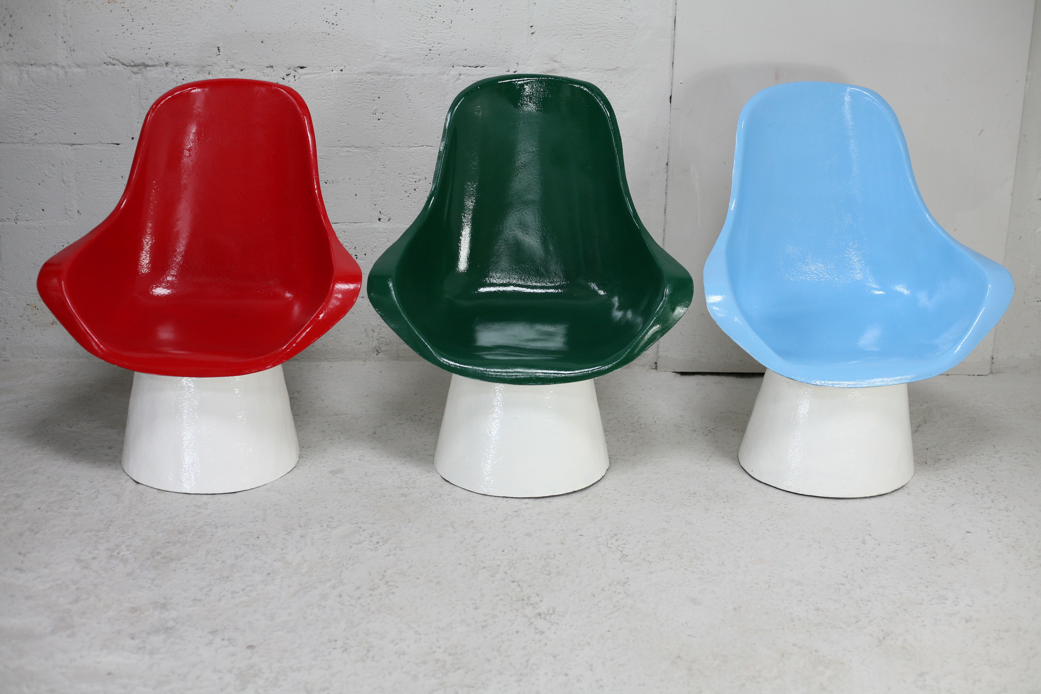 3 painted fiberglass “space age” armchairs. France, circa 1970