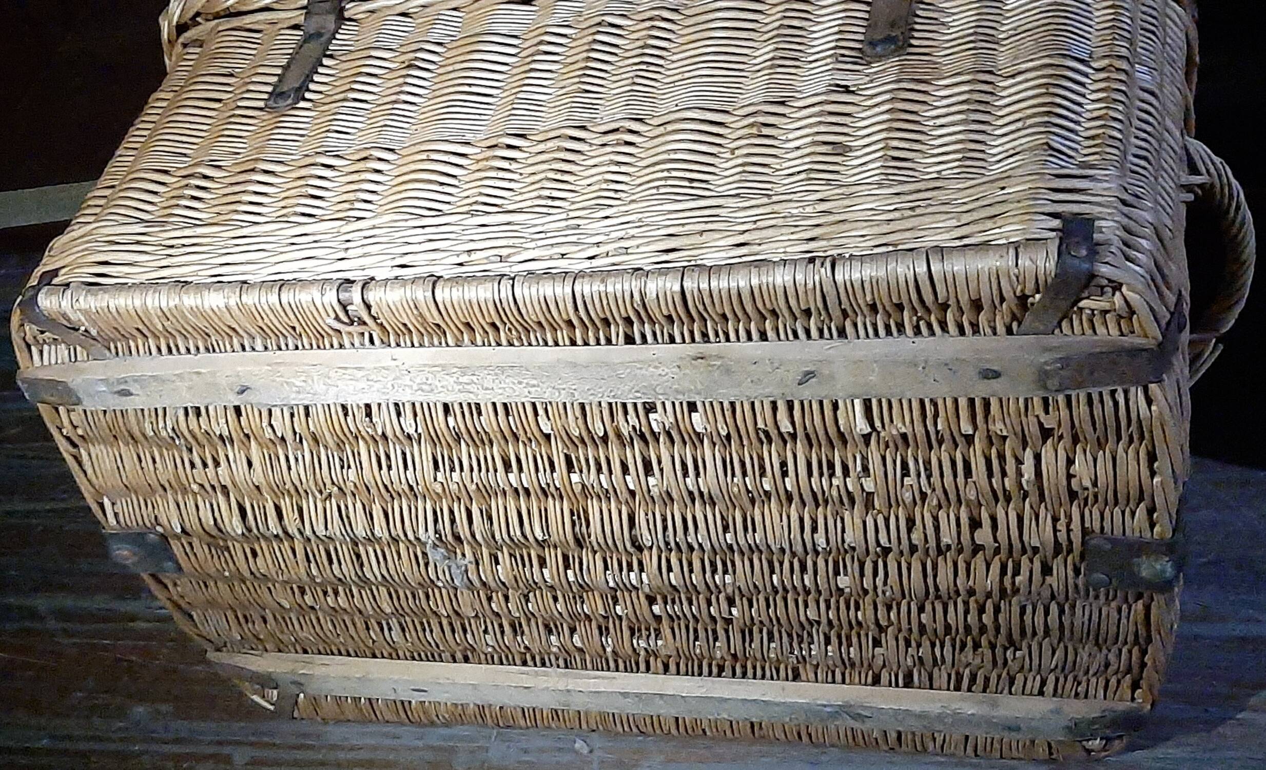 OLD WICKER STEEL AND WOOD TRAVEL TRUNK