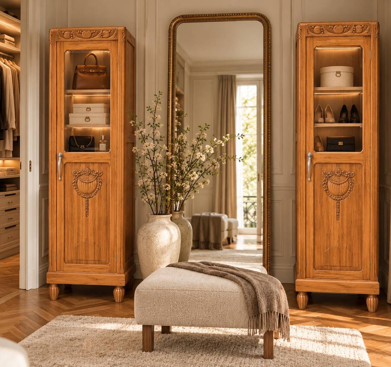 Rare pair of Art Deco glass columns in solid walnut – renovated