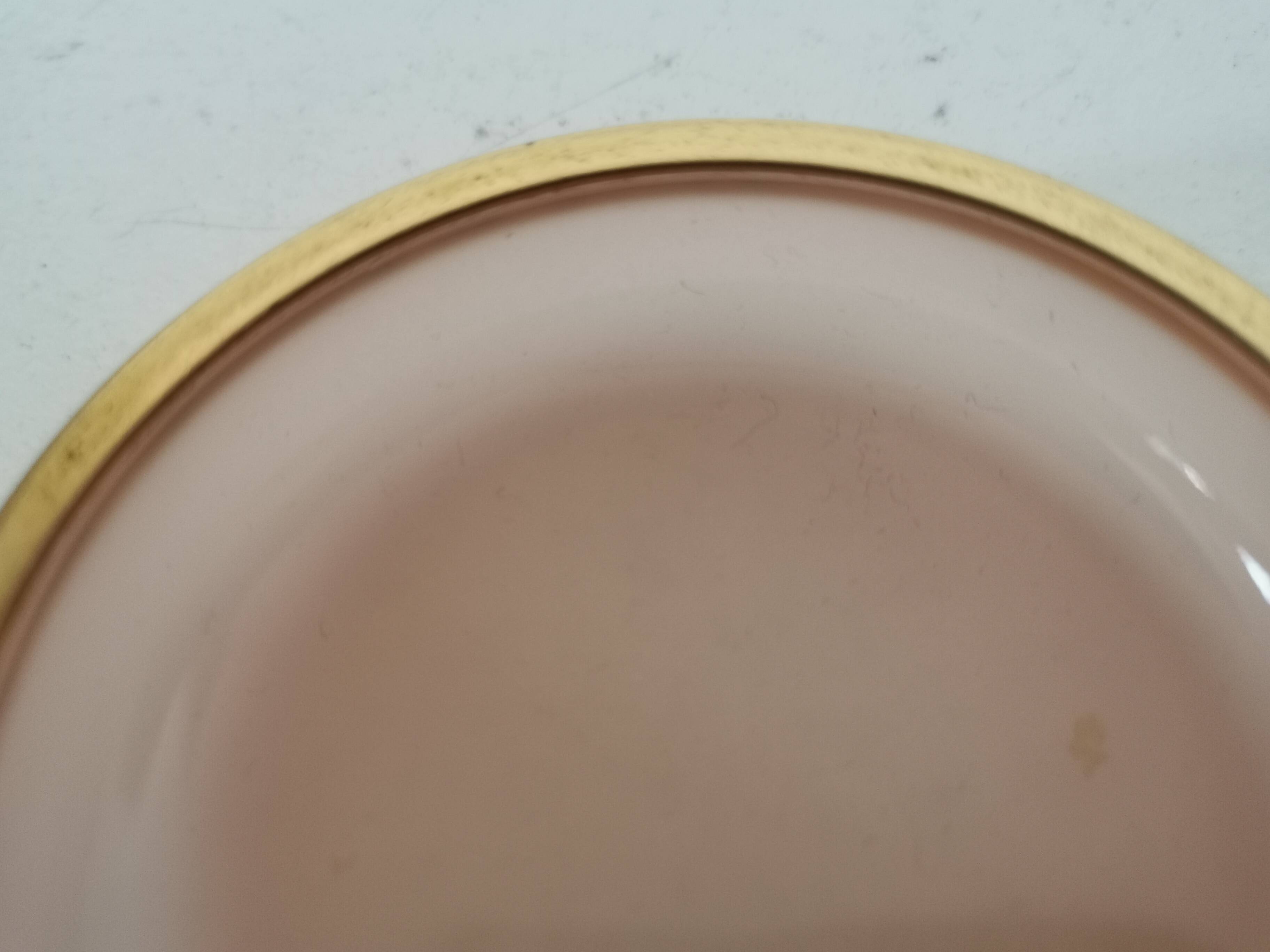 ashtray, pink opaline pocket emptier, gold metal rim, 70s, vintage Italian