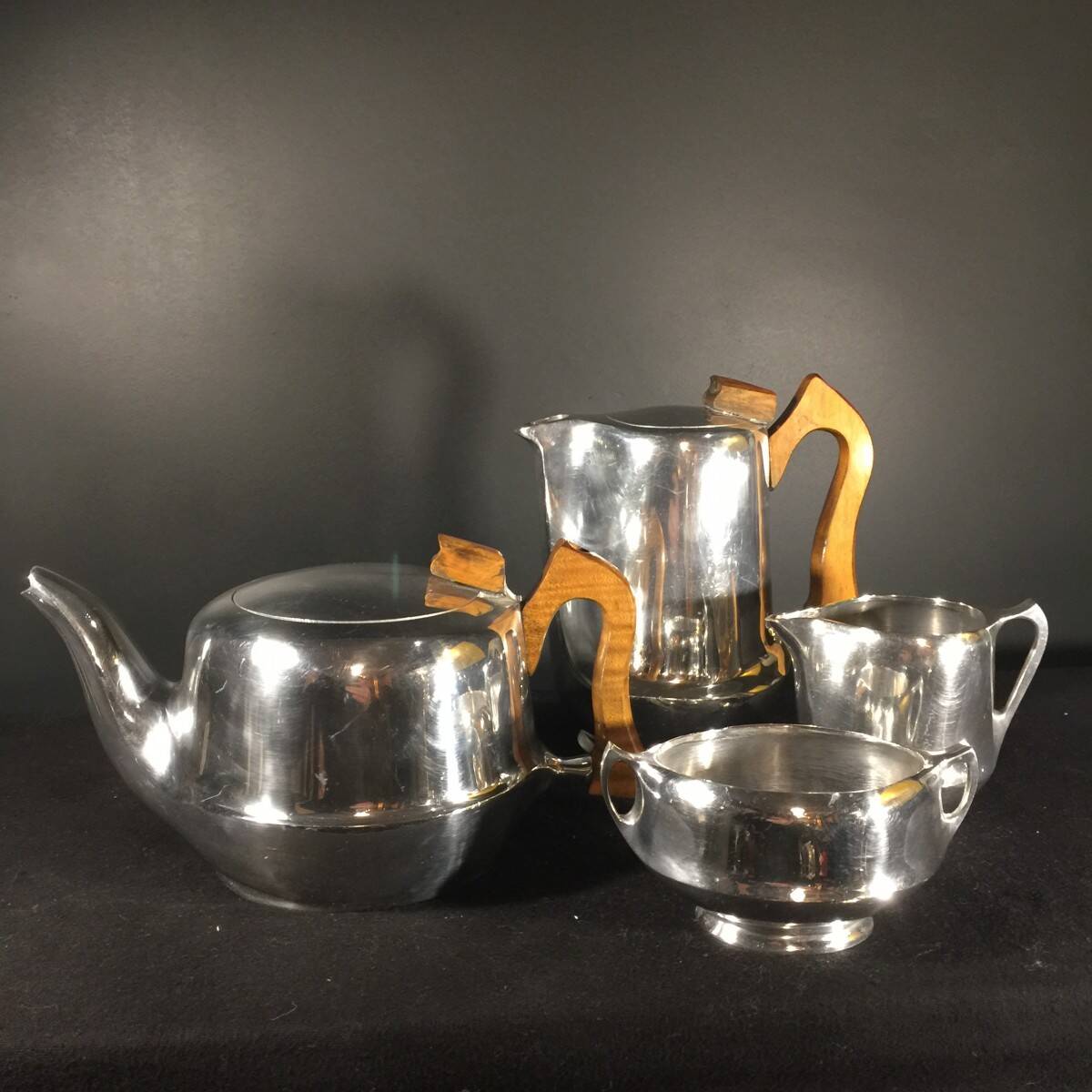 English Design Coffee and Tea Set, Picquot Ware, Brushed Aluminum, 1950