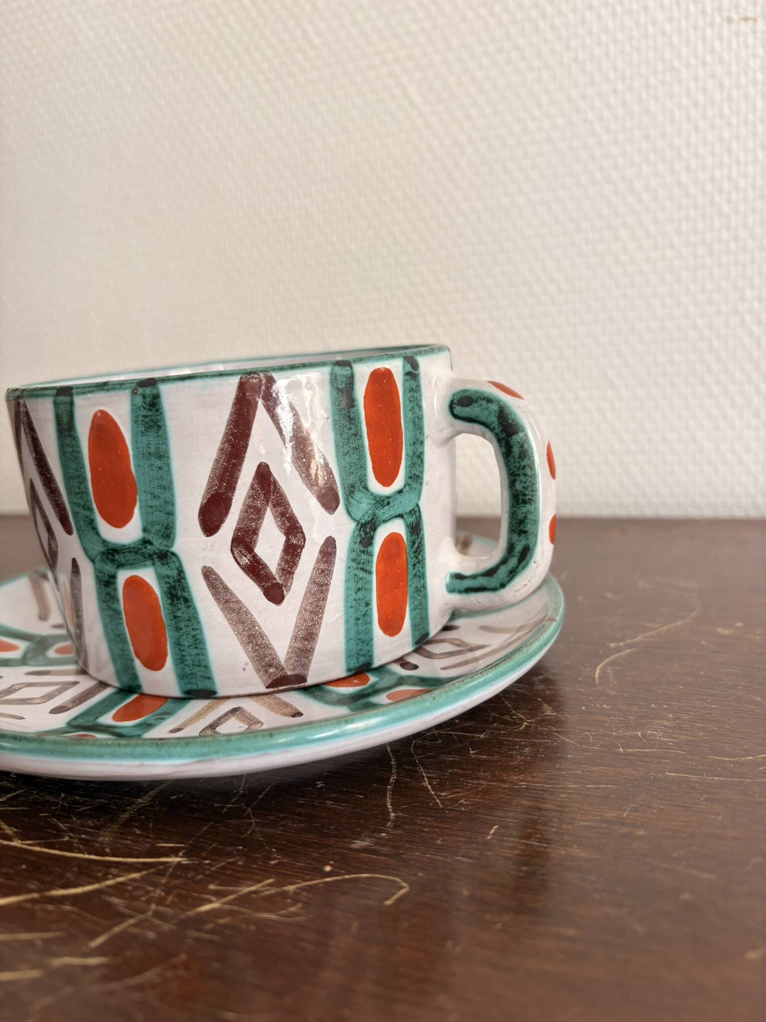 Old Pair of Ceramic Cups Vallauris by Auguste Fazio Pottery 1950 Geometric