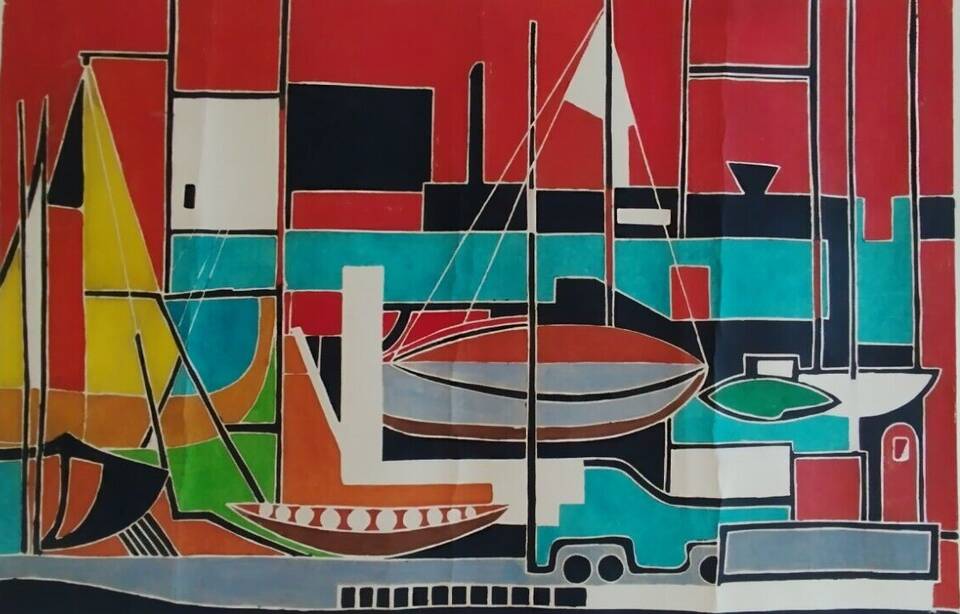Gouache on paper signed mid-20th century boats port 1959