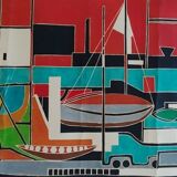 Gouache on paper signed mid-20th century boats port 1959