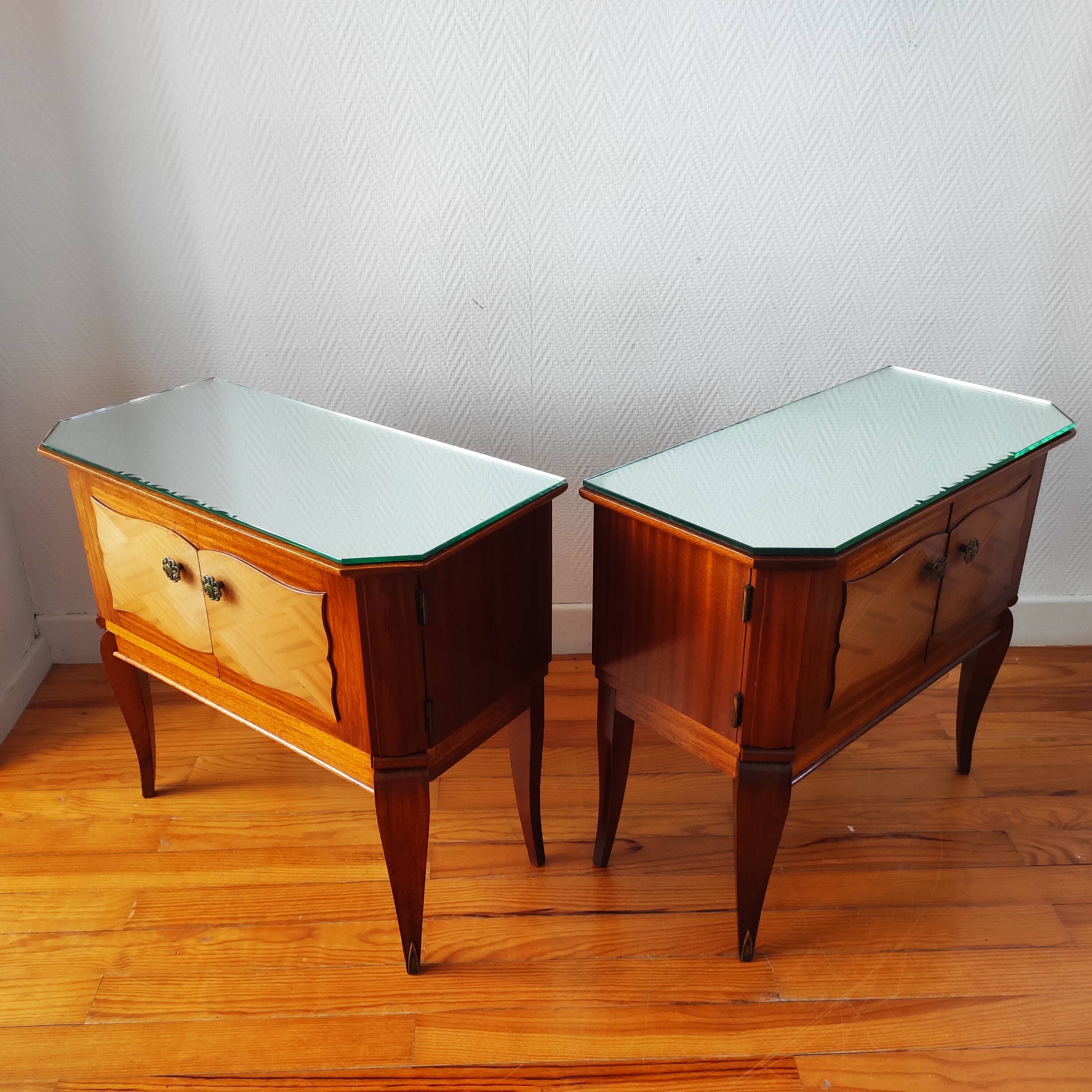 Pair of Art Deco bedside tables, mirrored top.