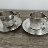 2 Gallia silver-plated cups and saucers with rooster and goat's head hallmarks, numbered
