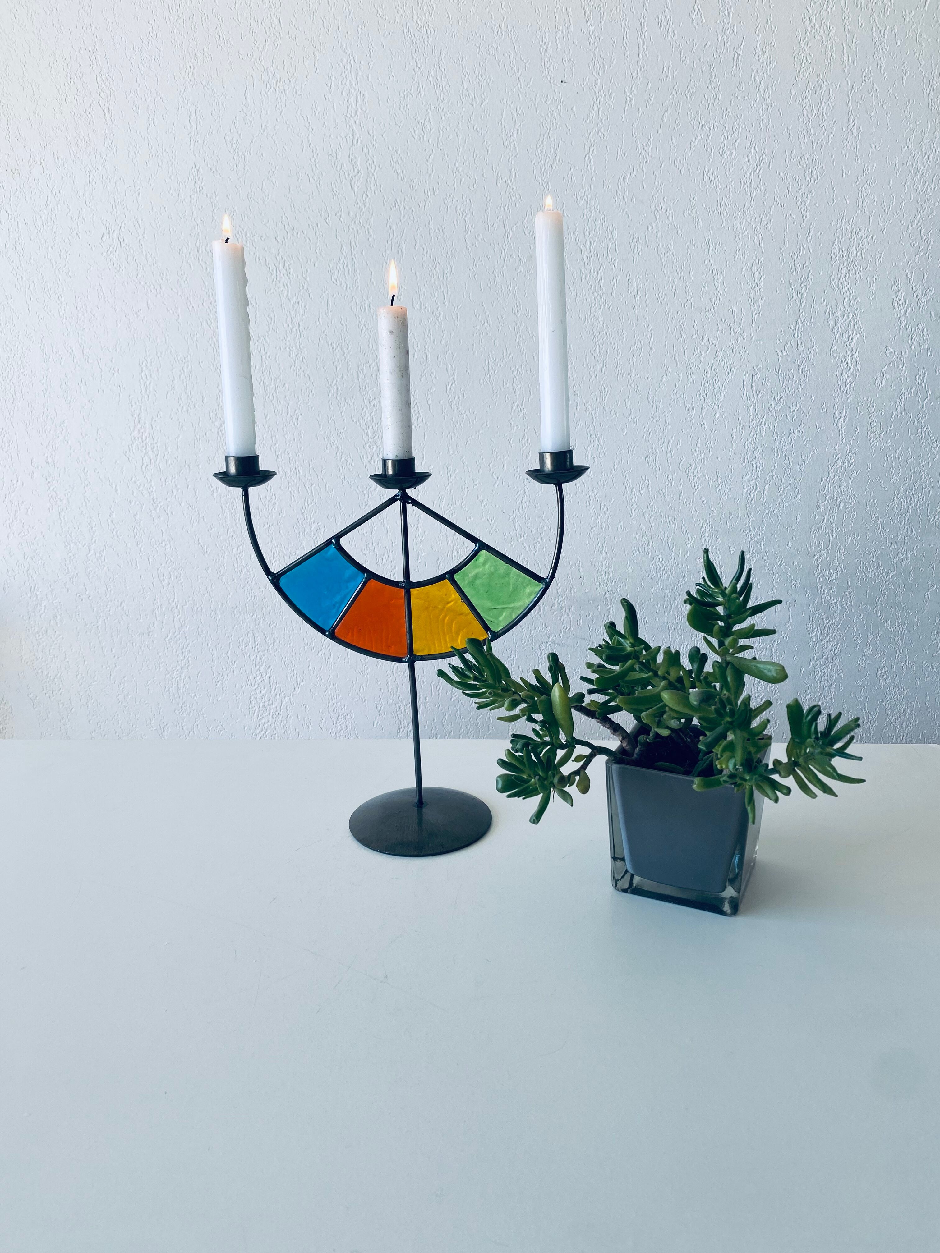 Colorful stained glass candle holder