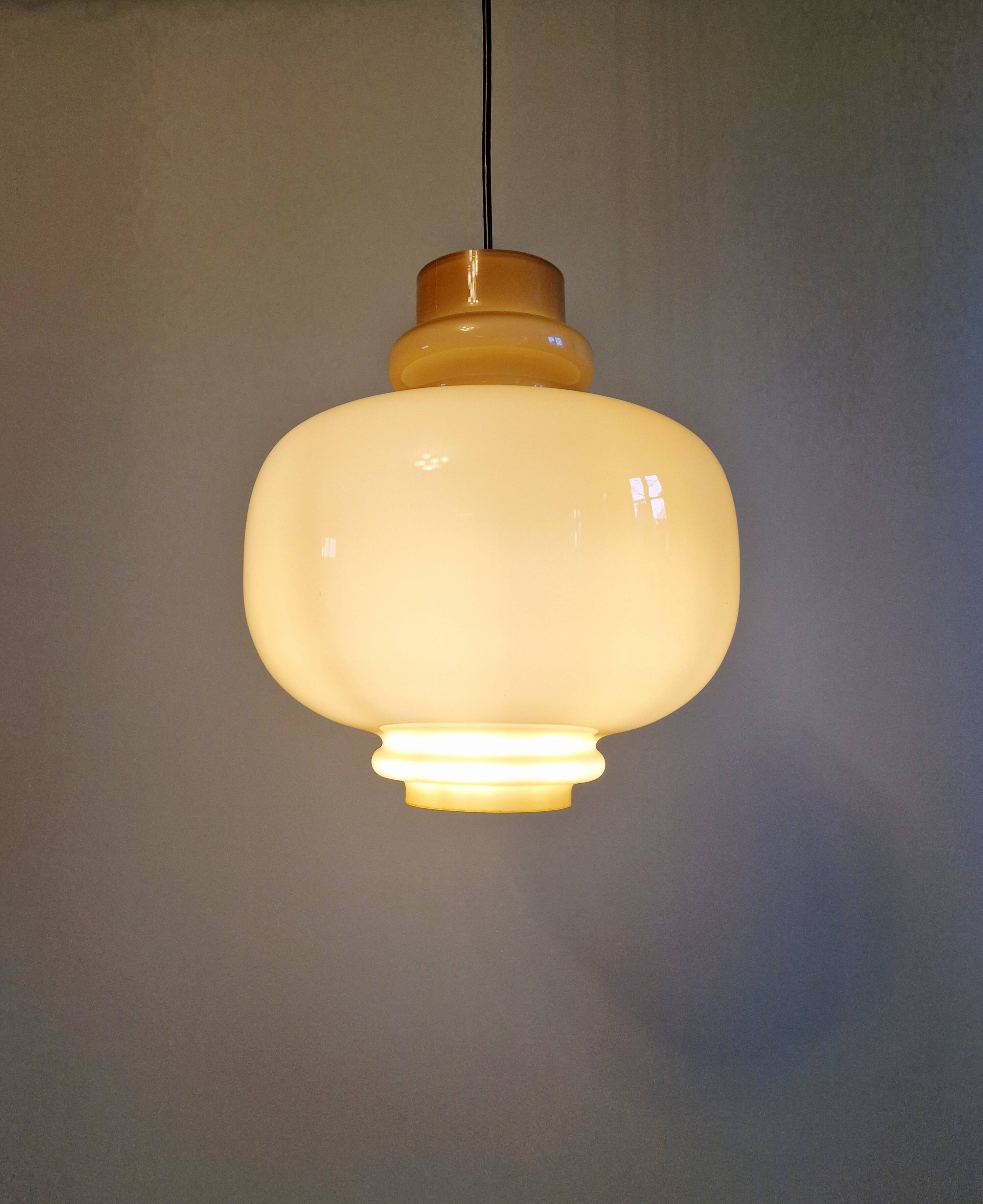 Scandinavian suspension light in mustard opaline, H-A Jakobsson, 1970.