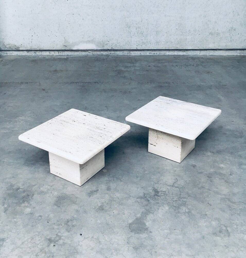 Italian Travertine Square Side End Table, 1970s, Set of 2