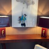 Paire de lampes de table en bois laqué bordeaux et hippocampe en laiton
