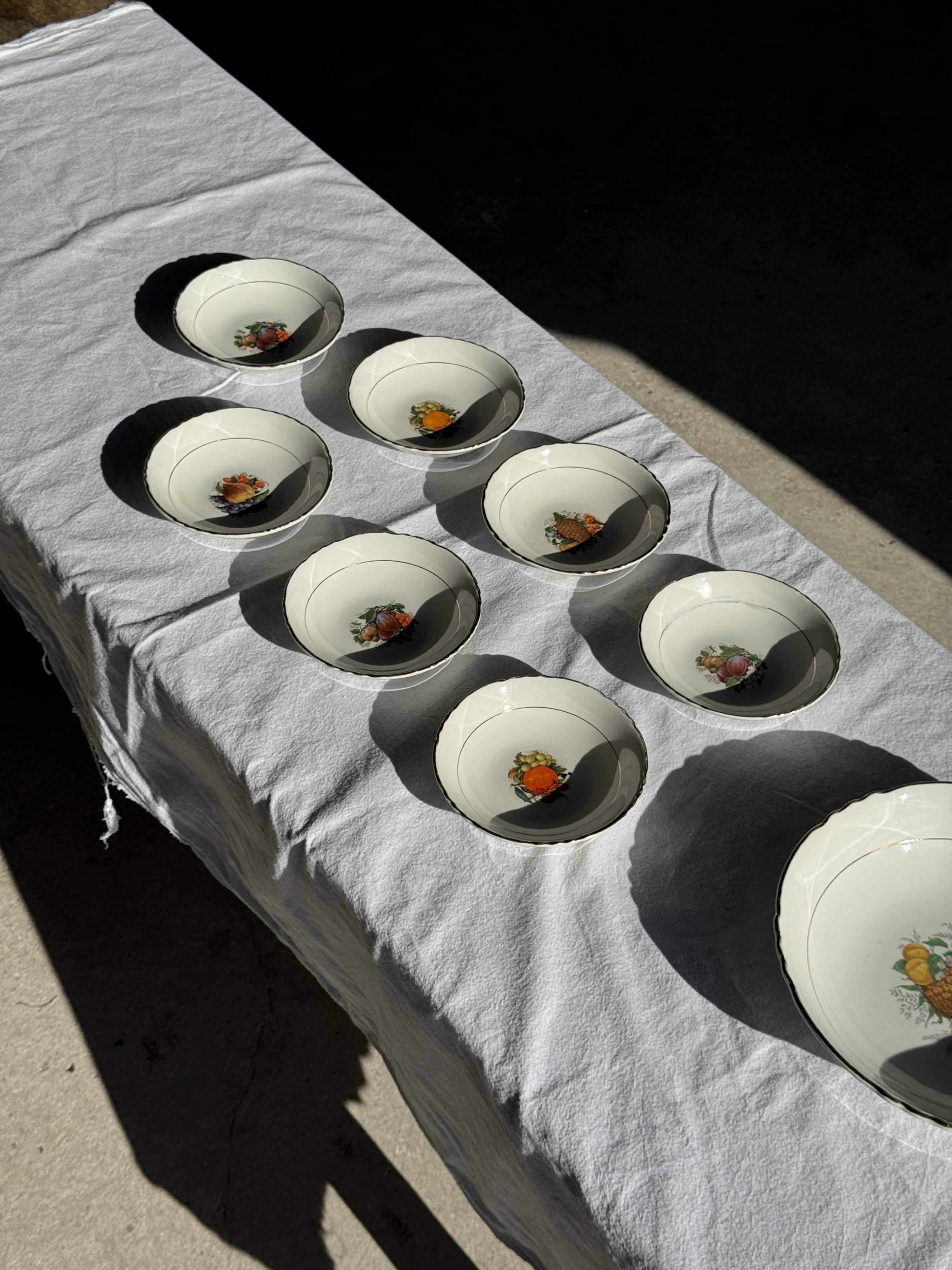 Vintage fruit salad service consisting of a bowl and 7 small dishes.