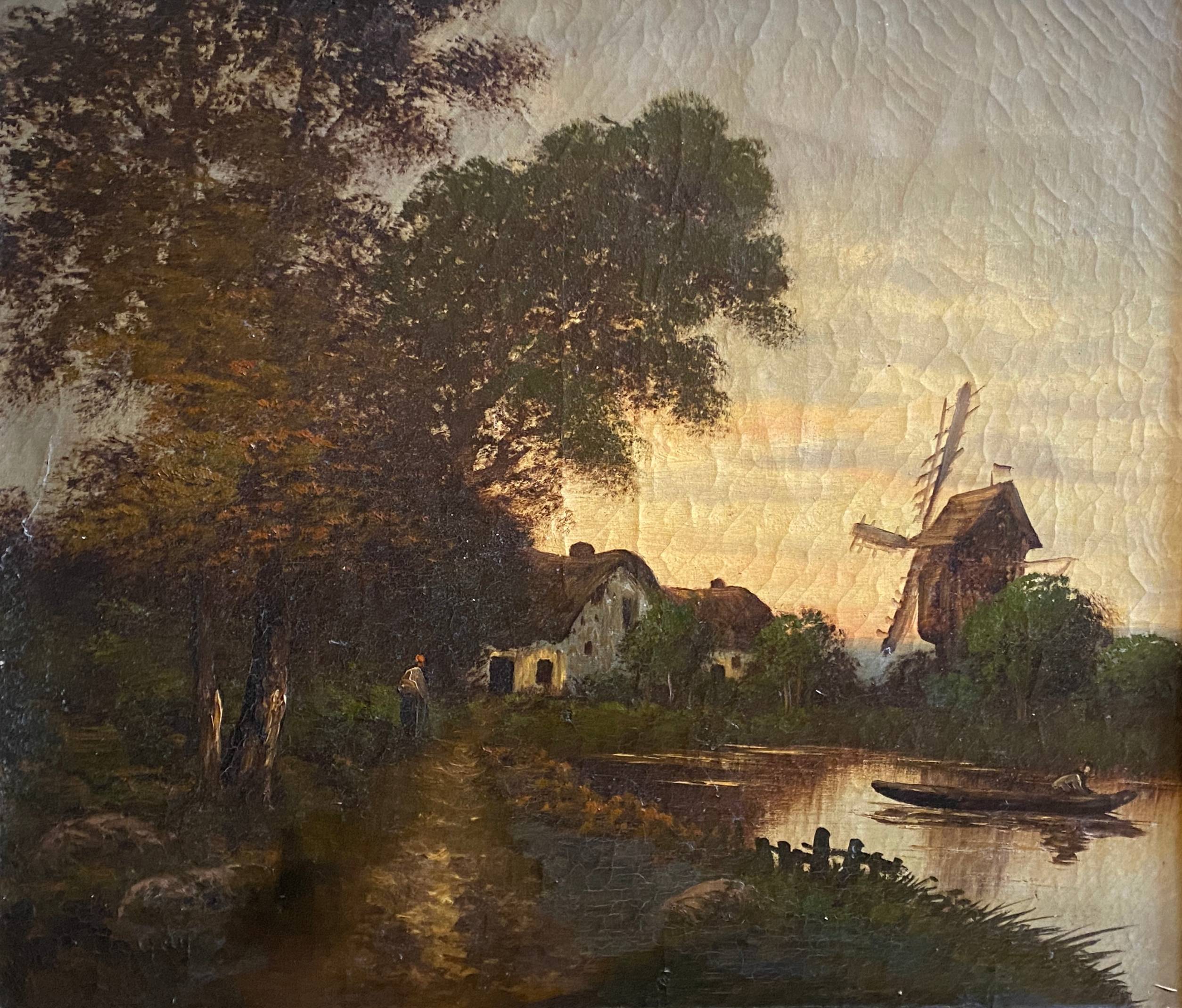 HST painting "Animated landscape at dusk" 19th century