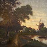 HST painting "Animated landscape at dusk" 19th century