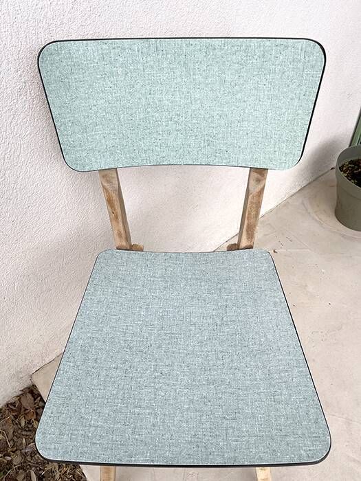 Set of 2 wooden and water green Formica chairs