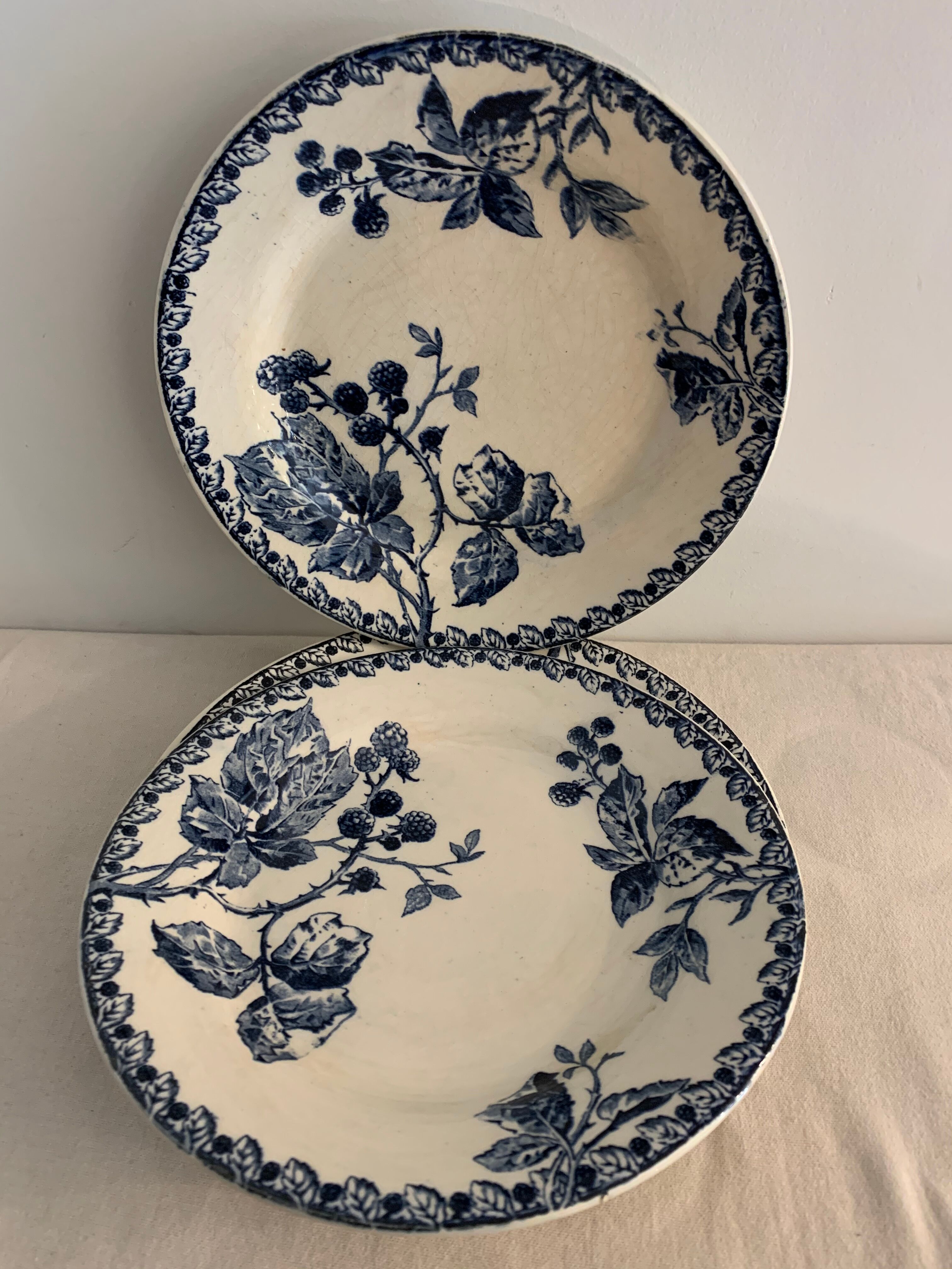 Series of 6 old flat plates in blue earthenware from Gien Iron Earth mature model