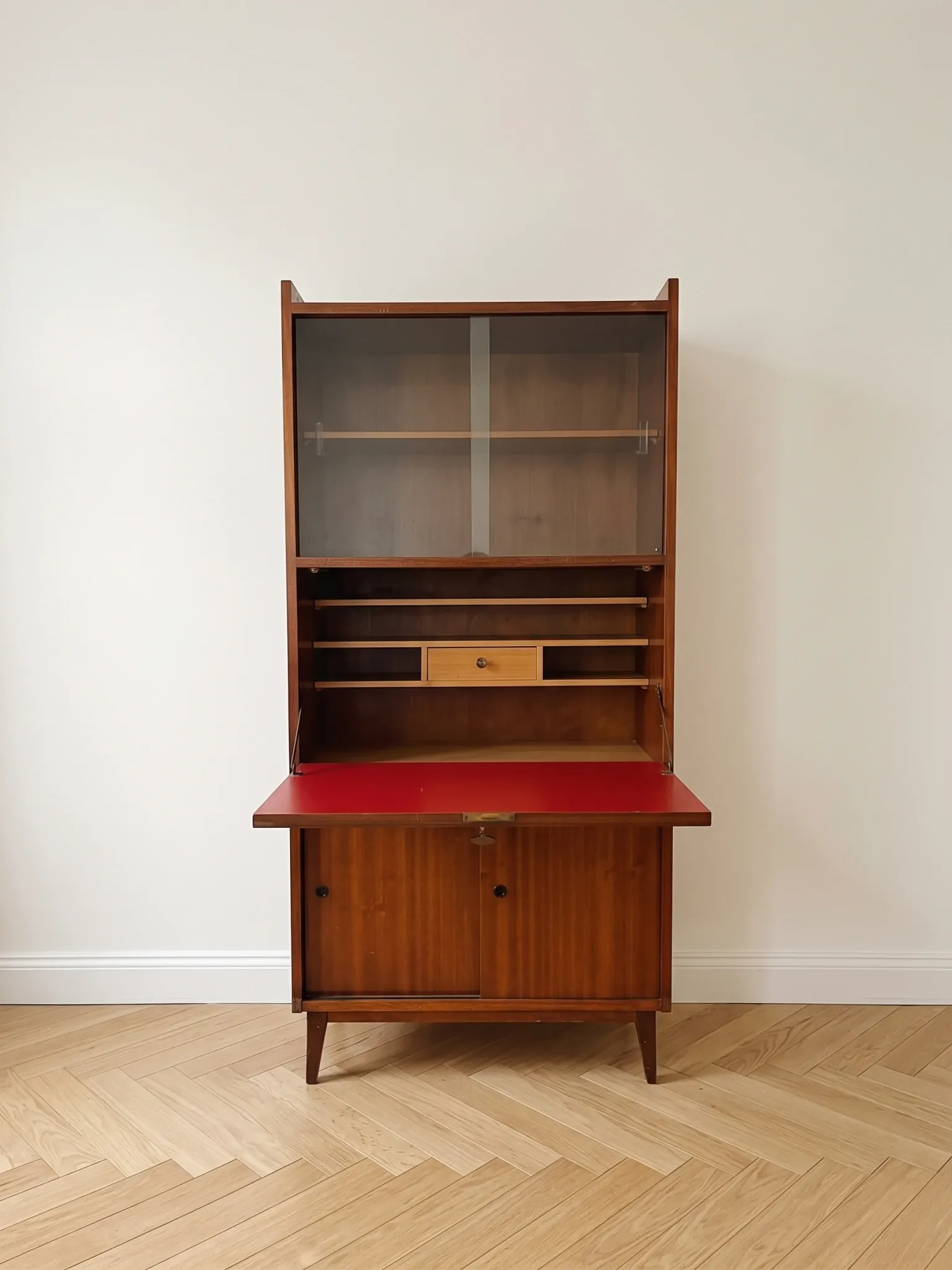 Vintage 1960s wooden secretary with display cabinet.