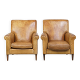 Set of 2 Large Vintage Sheepskin Leather Armchairs