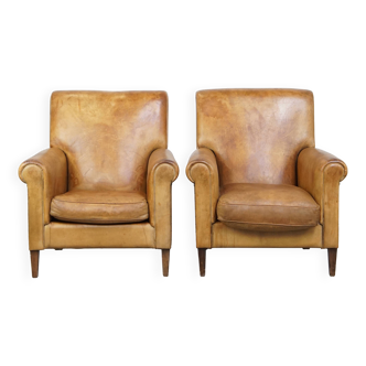 Set of 2 Large Vintage Sheepskin Leather Armchairs