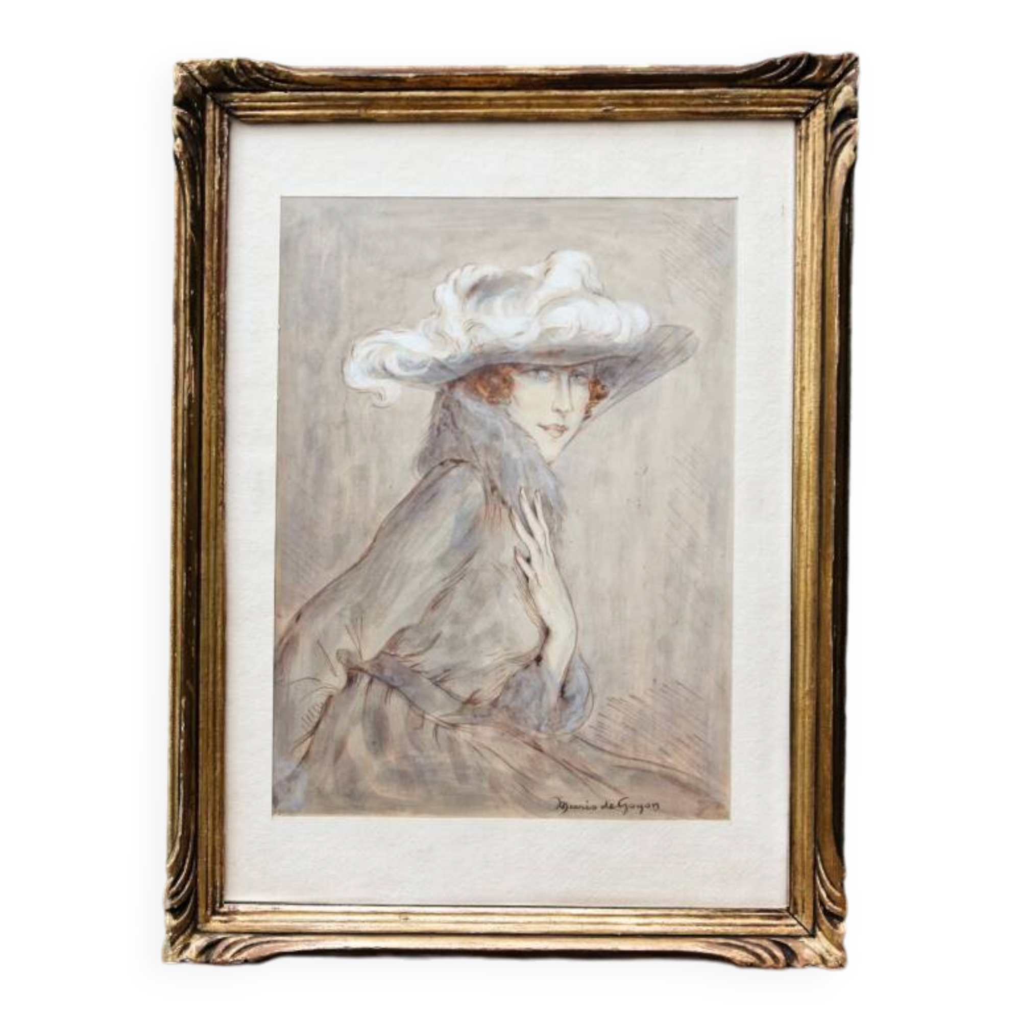 Dessin "Elégante" encadré, signé Mario de Goyon