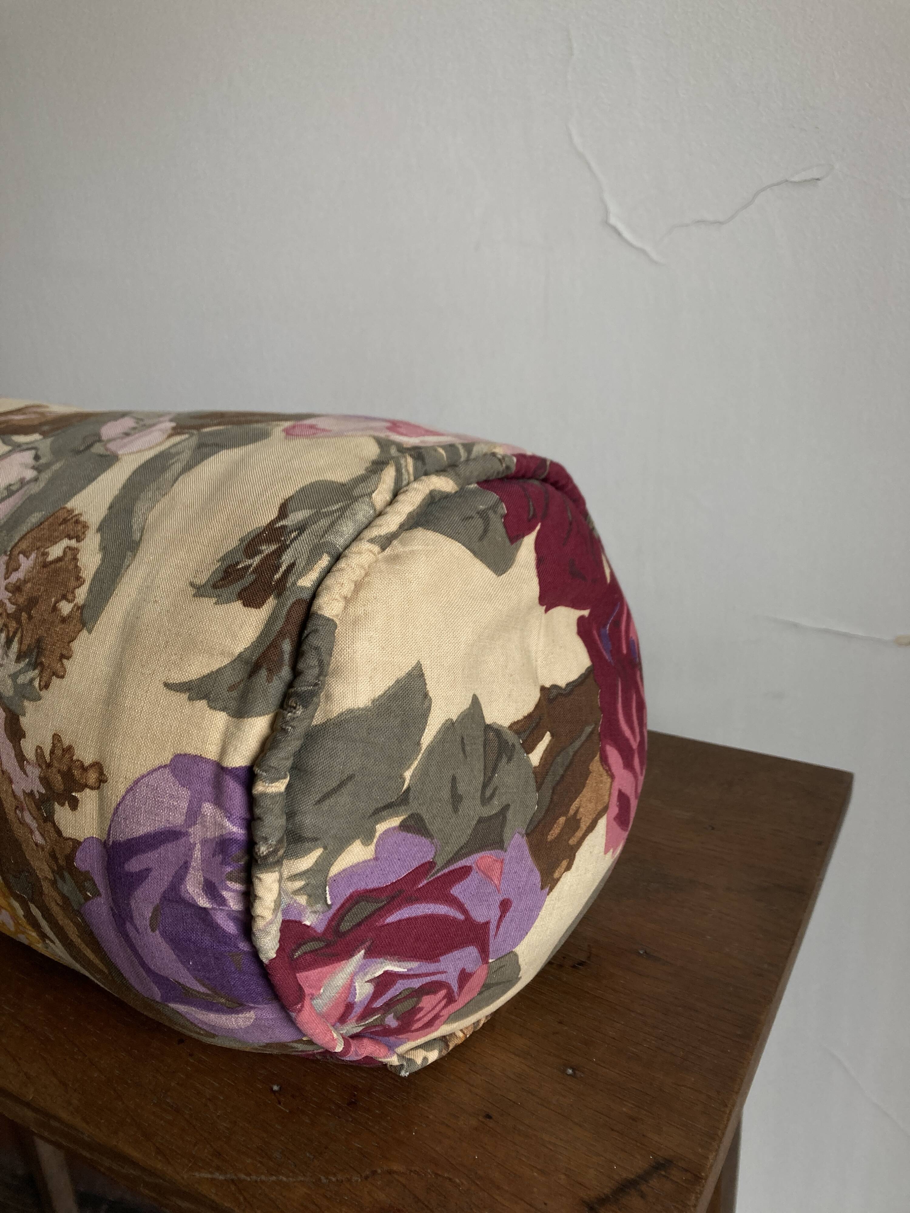 Coussin polochon de campagne en toile de lin 1950 à fleurs XL