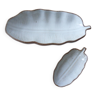 Plat et coupelle barbotine en forme de feuille de bananier