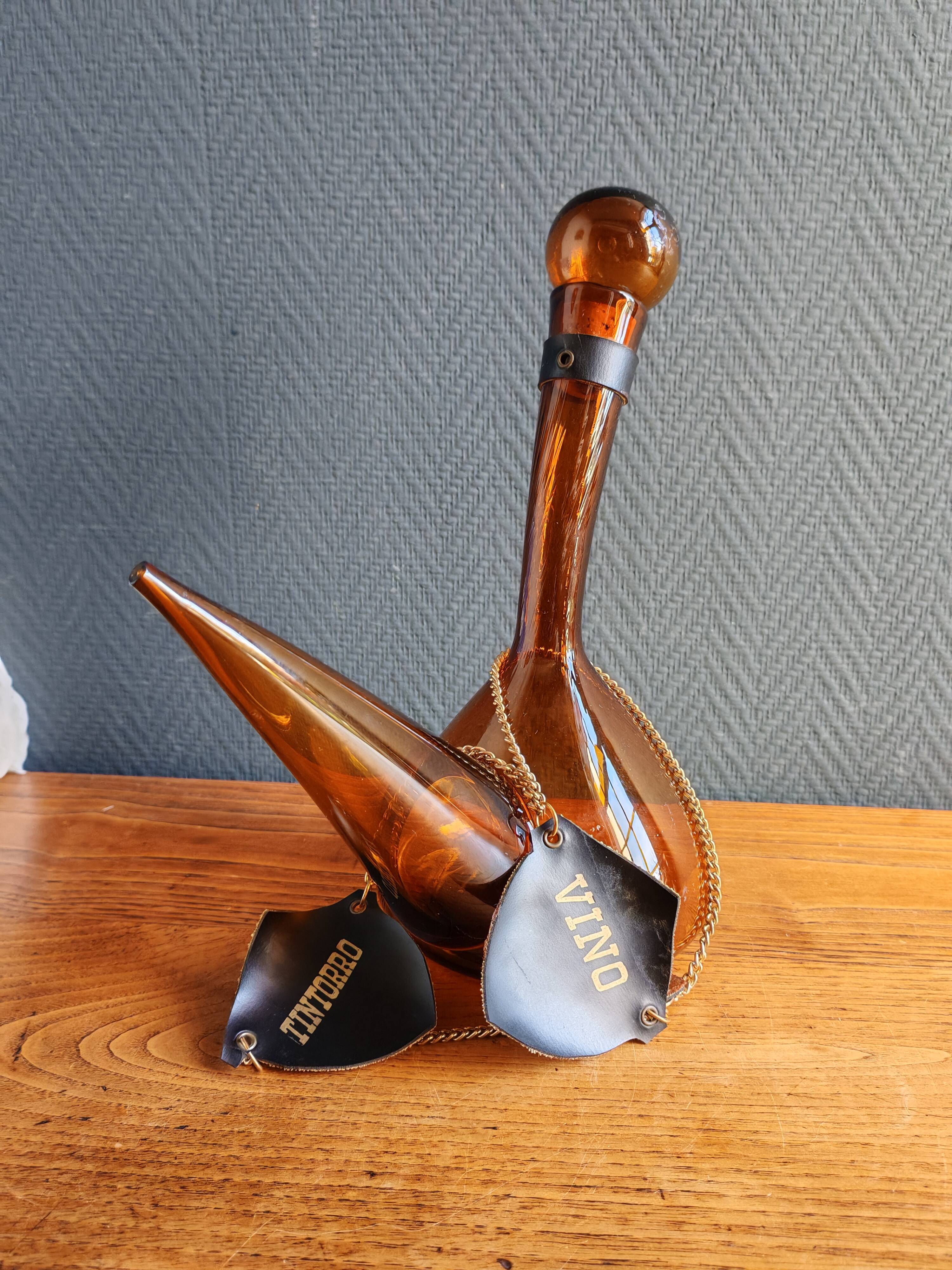 Vintage Amber Glass Wine Carafe - Artisan Decanter in Porron Style