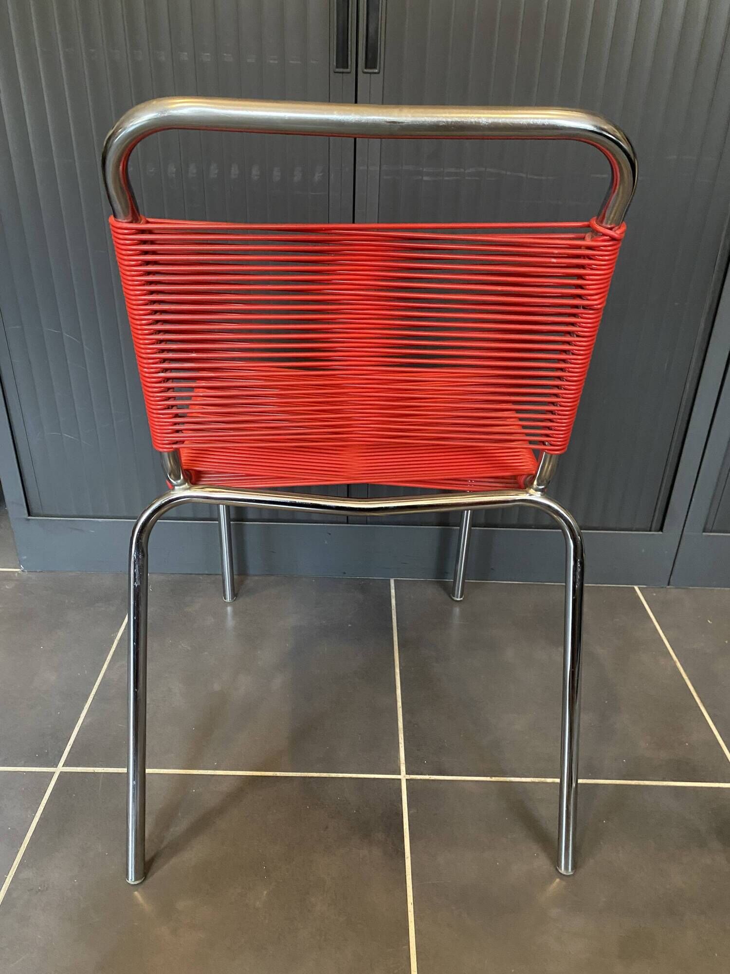 Scoubidou chair or vintage 1960 red chrome spaghetti chair