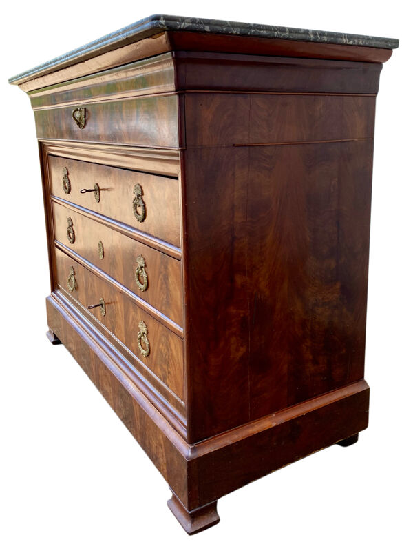 Commode, secrétaire Louis Philippe en noyer, ronce de noyer et marbre, XIXe