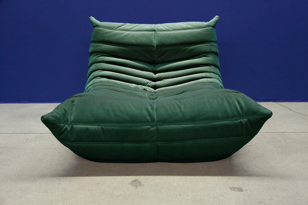 Bottle green velvet Togo living room set by Michel Ducaroy for Ligne Roset, set of 5