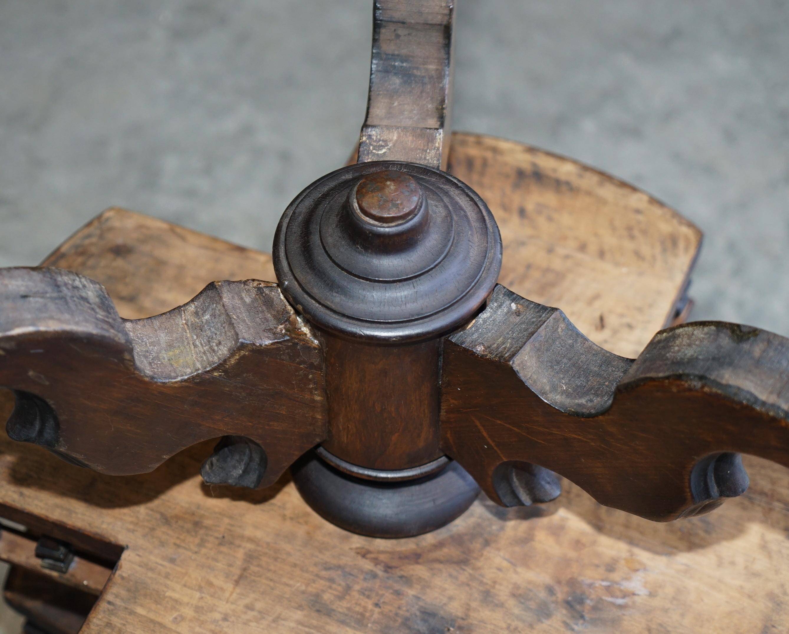 Victorian oak library table, two levels, pokerwork top.