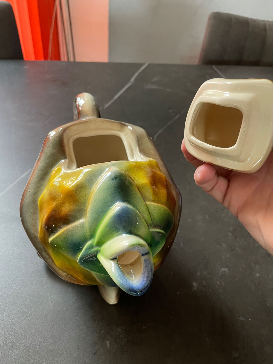 Vintage pitcher theiere earthenware saint clément monkey on pineapple