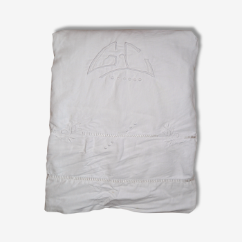 Old linen, flat sheet with embroidered back Monogram "GC"