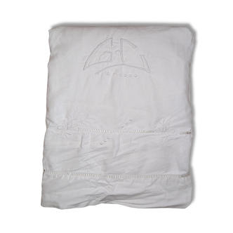 Old linen, flat sheet with embroidered back Monogram "GC"