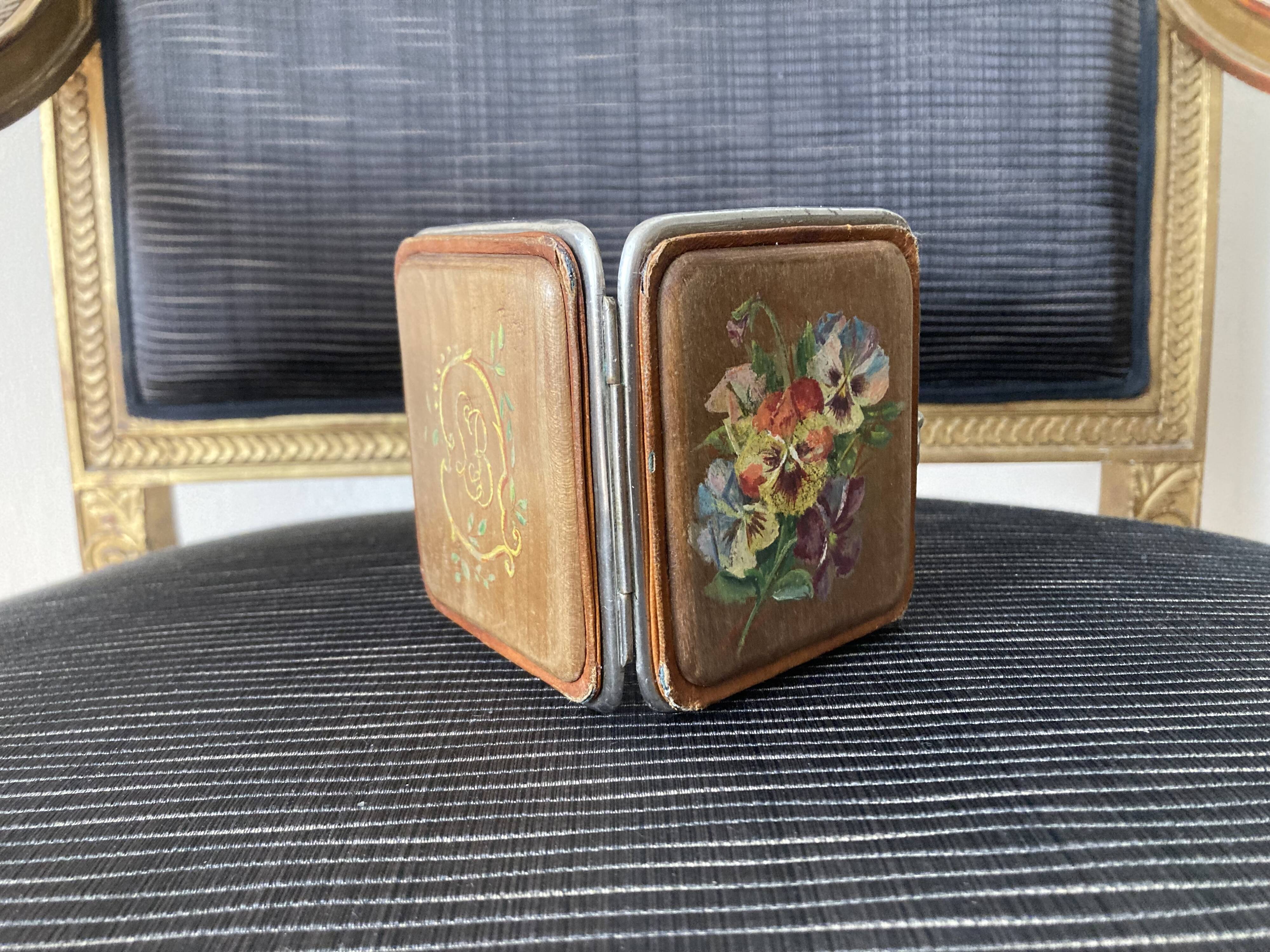Old wooden, metal and silk cigarette case 19th century