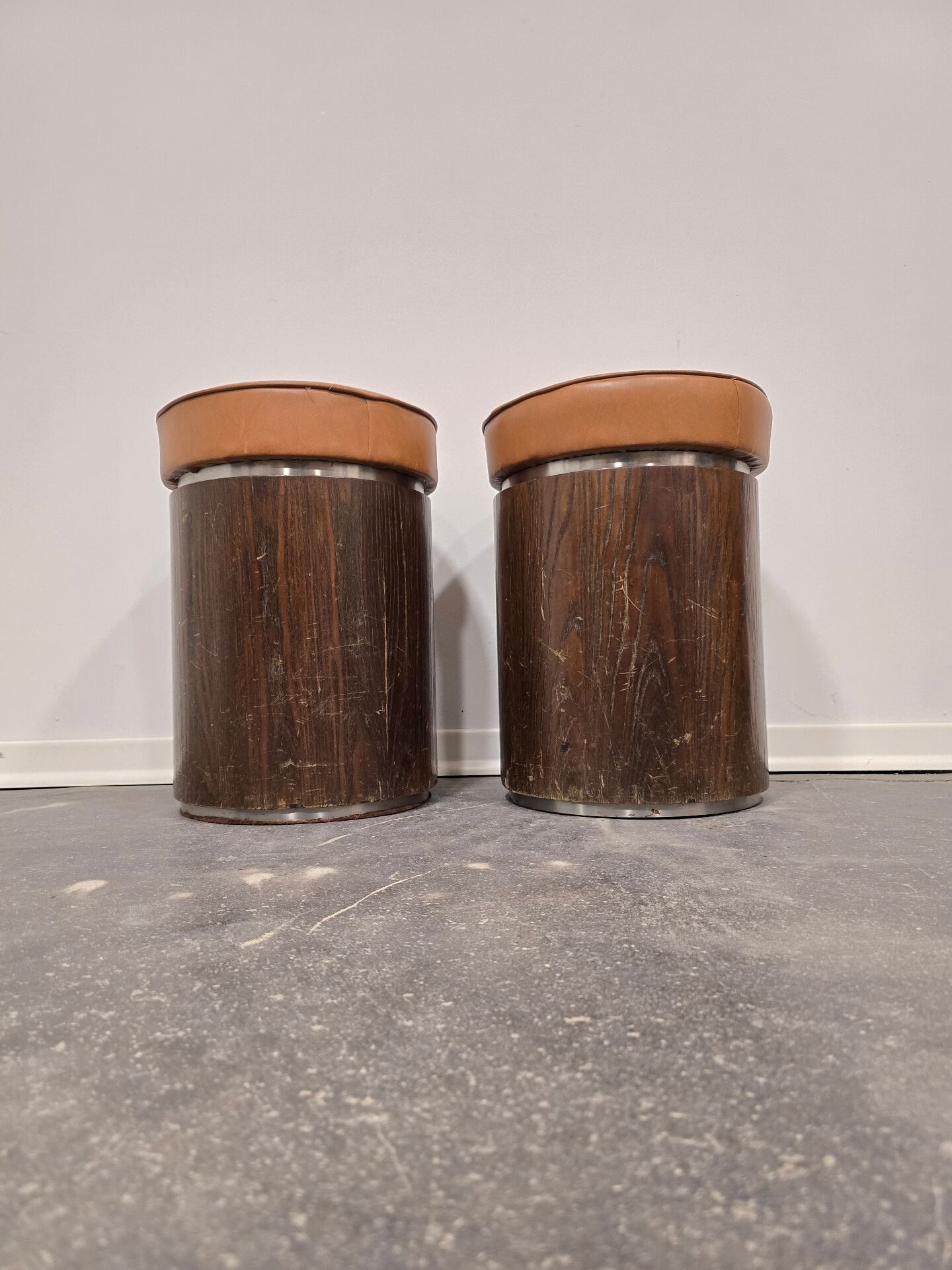 1970s Vintage Wooden Stool – Faux Leather Cushion & Aluminium Trim