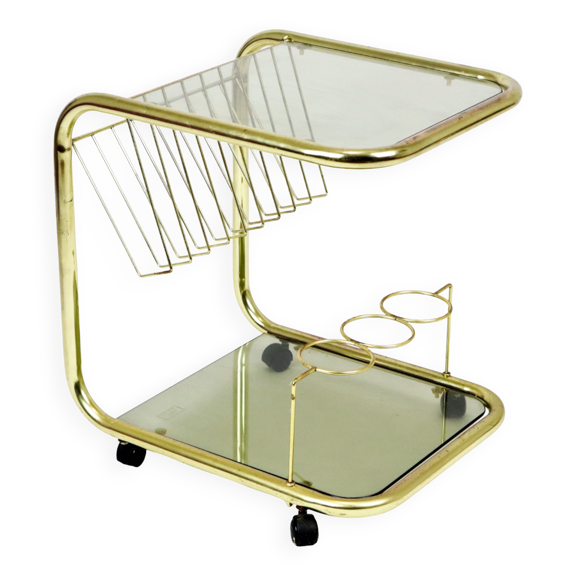 Vintage smoked glass trolley bar magazine rack side table milo baughman style italy 53cm