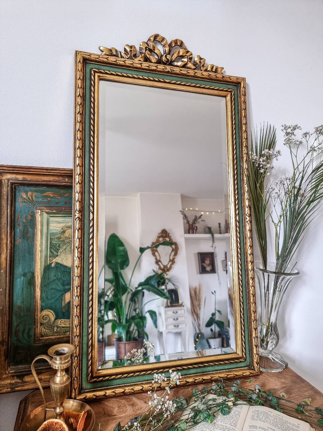 Gold and fir green beveled mirror, Louis XVI/Regency style, 1970