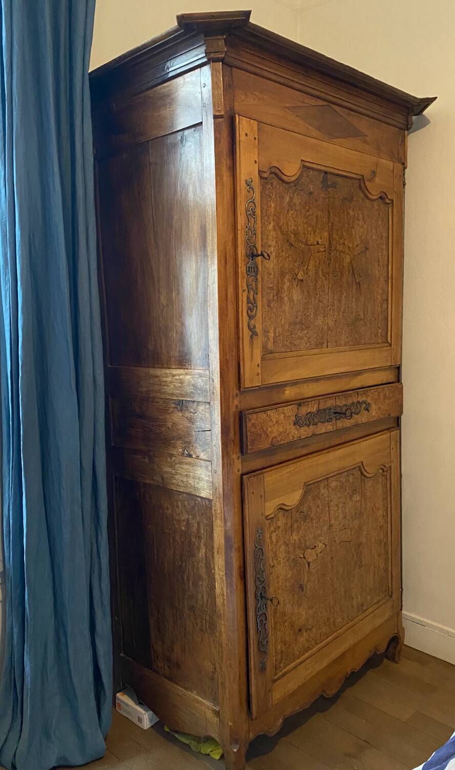 Antique solid wood wardrobe - burl panels and fittings