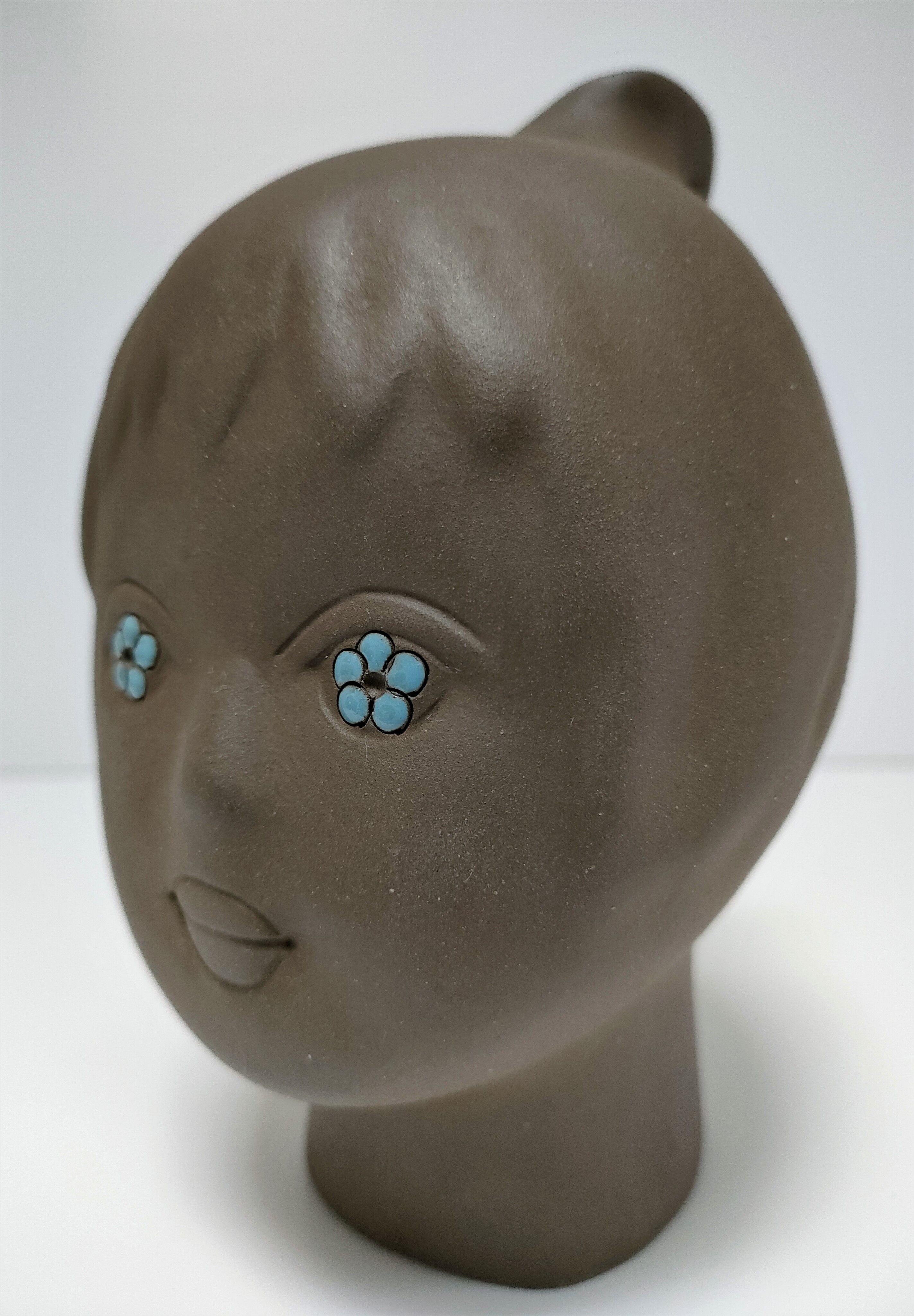 Sculptural ceramic head with blue enamelling Tekt design 60s