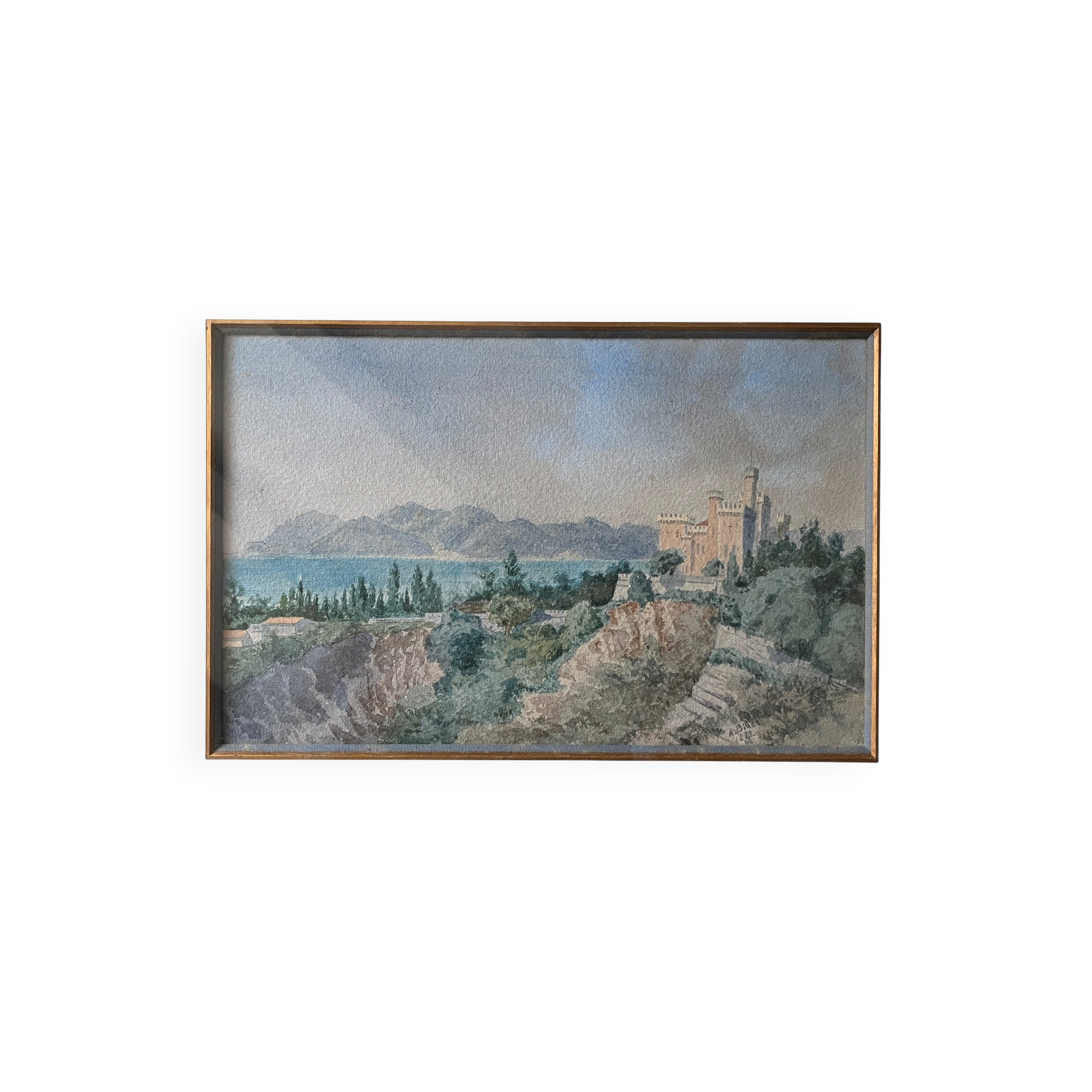 Tableau aquarelle originale "Cateau de la Napoule A. Biber 1879 Alpes maritimes