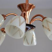 Chandelier copper tulip golden glass and white patterns 6 lights old vintage luminaire restored