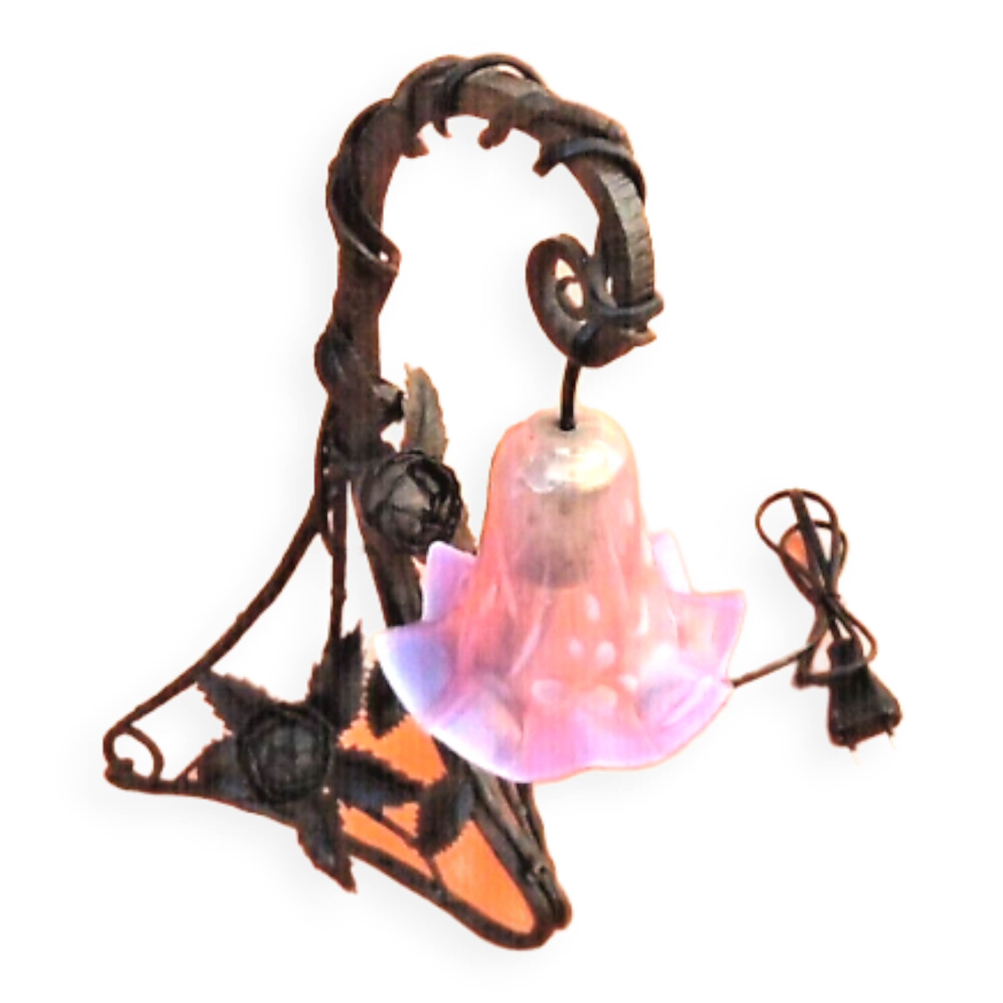 Art nouveau era wrought iron lamp tripod foot, decor foliage and roses